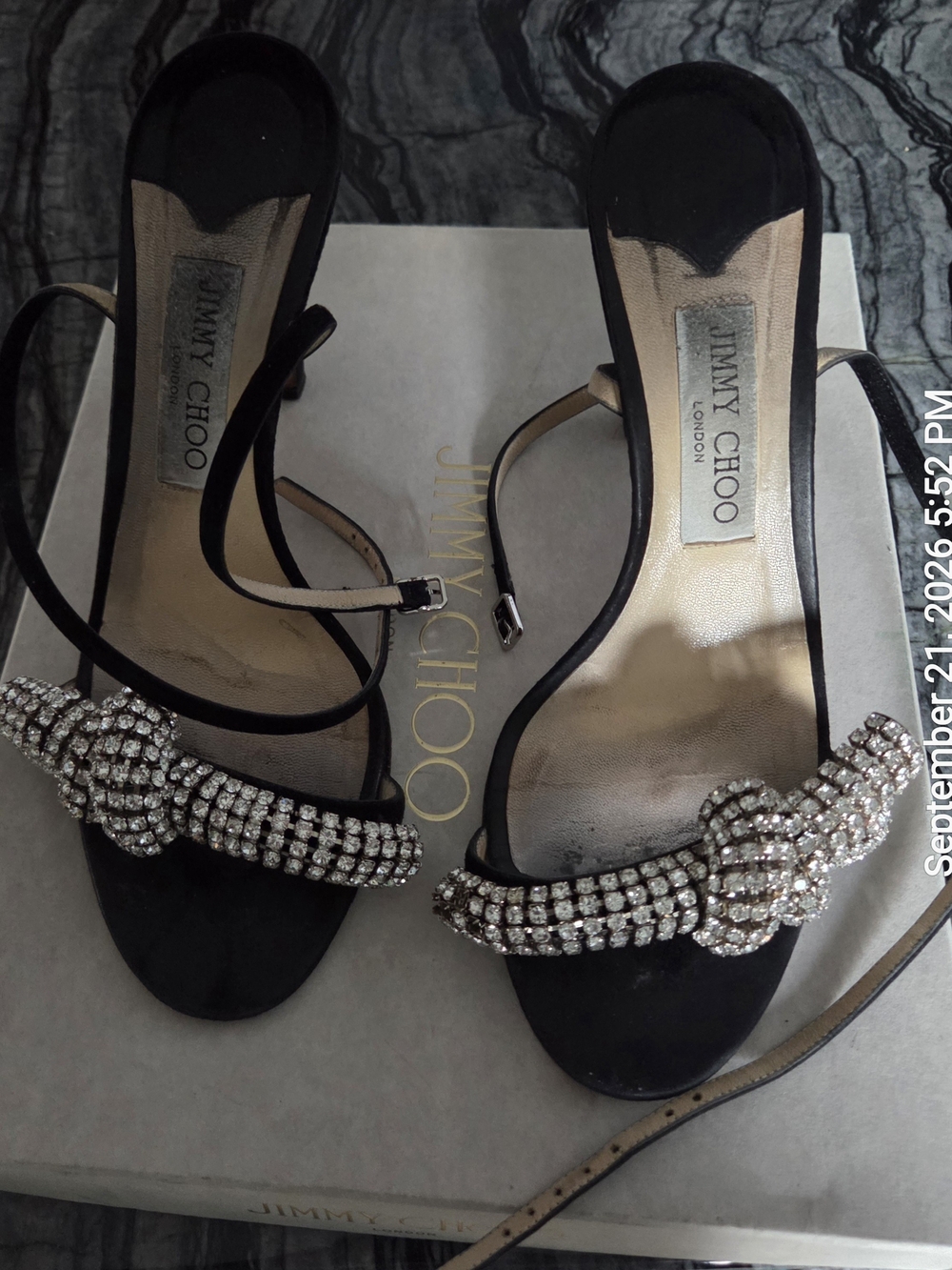 Jimmy Choo Thyra 100 Black Crystal-Knot Strappy Sandals Original Box.